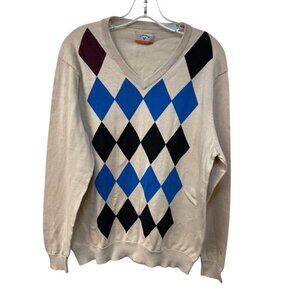 Callaway C-Tech Sweater Argyle Long Sleeve Cotton V  Neck Beige Golf Active L